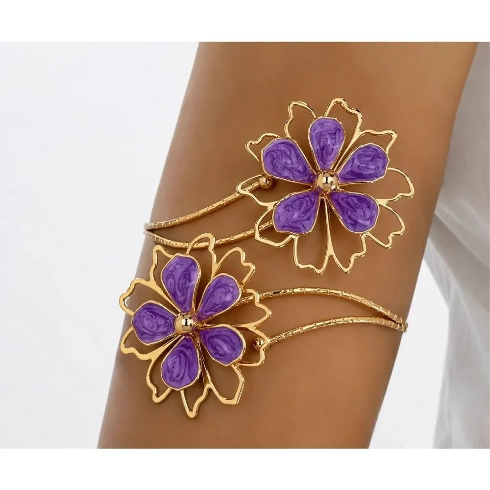 Zara Gold Purple Floral Open Cuff Bracelet Enamel Flower Statement Boho NWOT